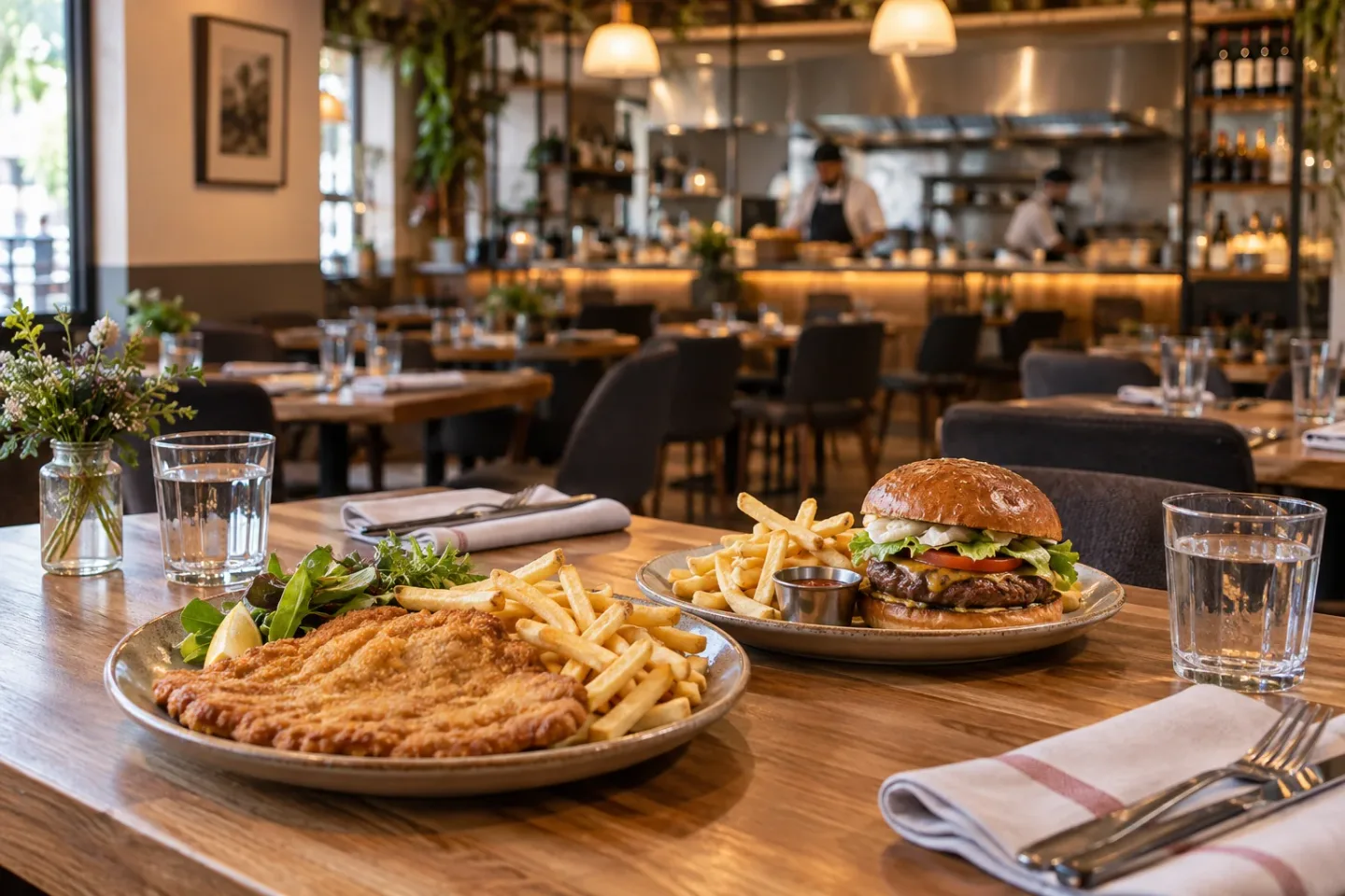 Restaurante con una milanesa y una hamburguesa servidas en una mesa, con cocina al fondo