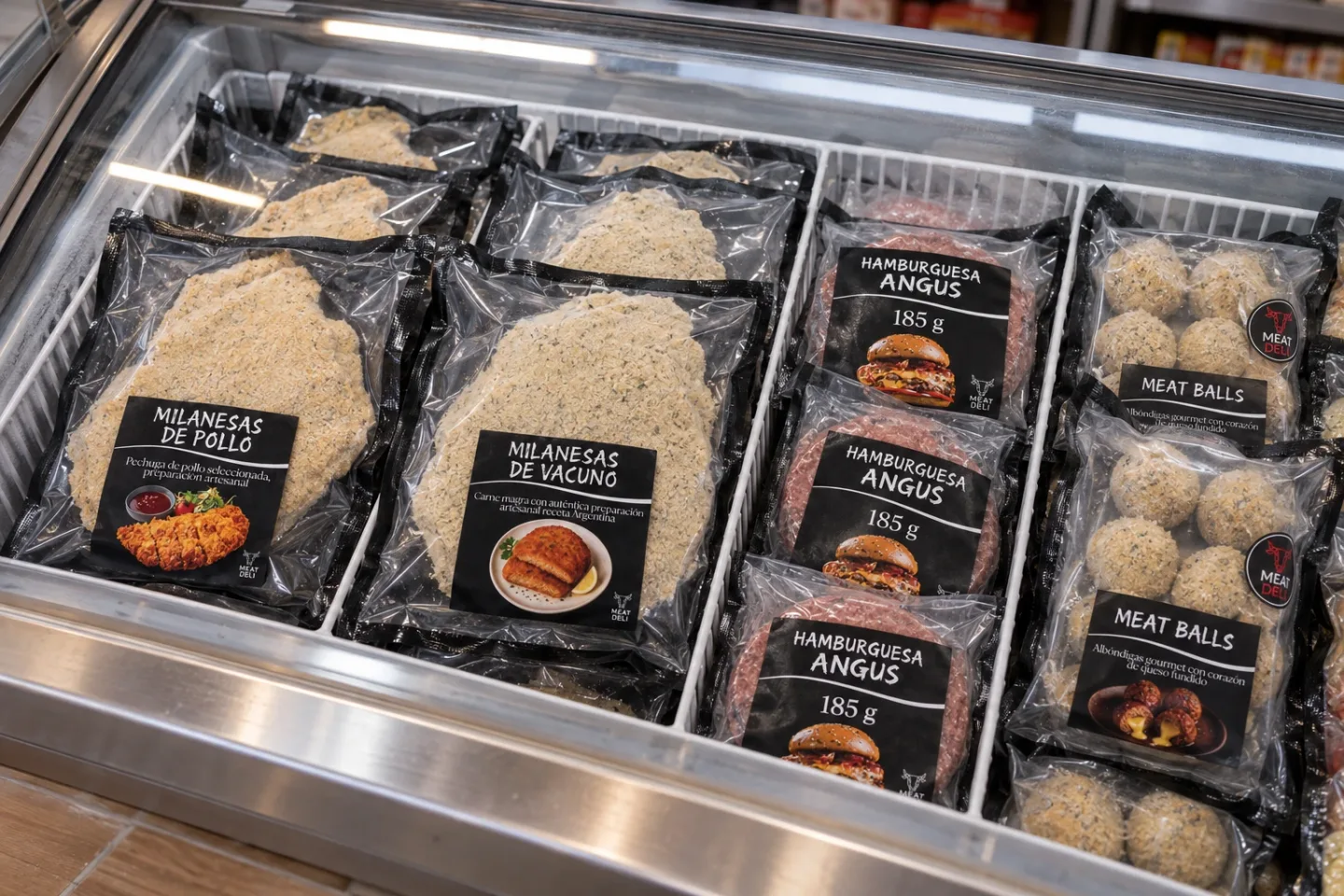 Vitrina con milanesas de pollo y vacuno, hamburguesas y meat balls en sus envases Meat Deli